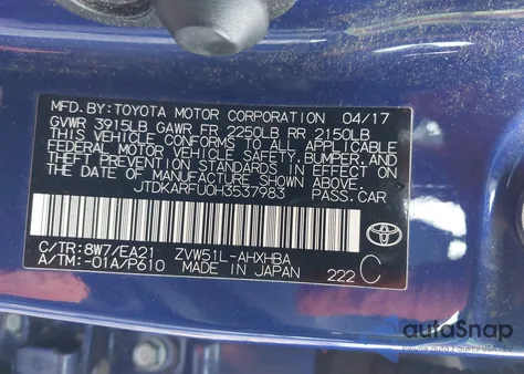 2017 Toyota Prius Three Touring from USA, damaged, VIN JTDKARFU0H3537983